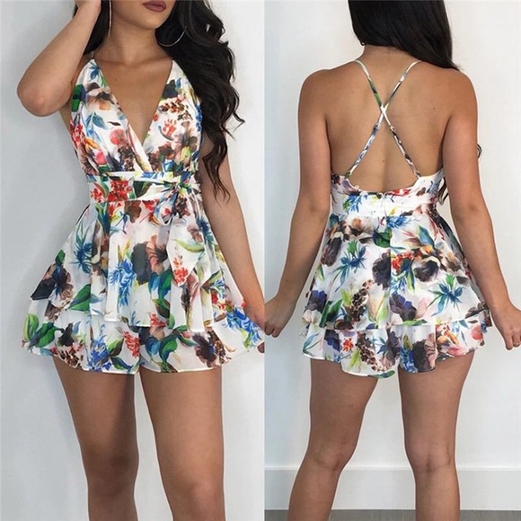 Floral V-Neck Romper with Crisscrossed Back Straps - Picture 2 of 7